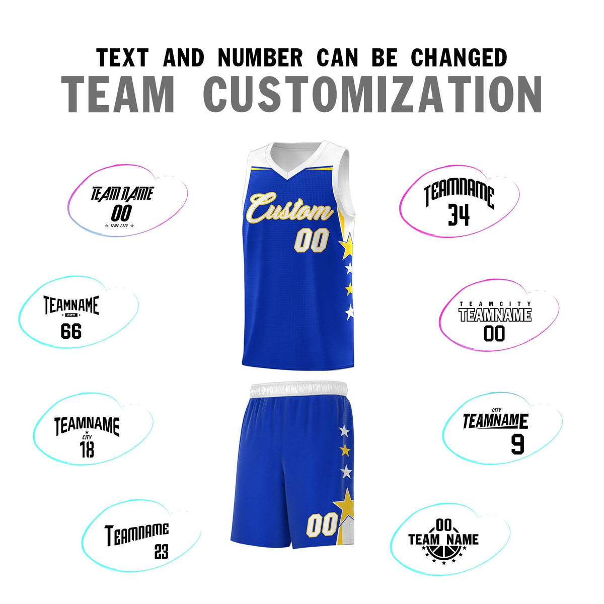 Custom Youth Basketball Uniform Royal White Two Tone Side Star Add Name Number &amp; Logo