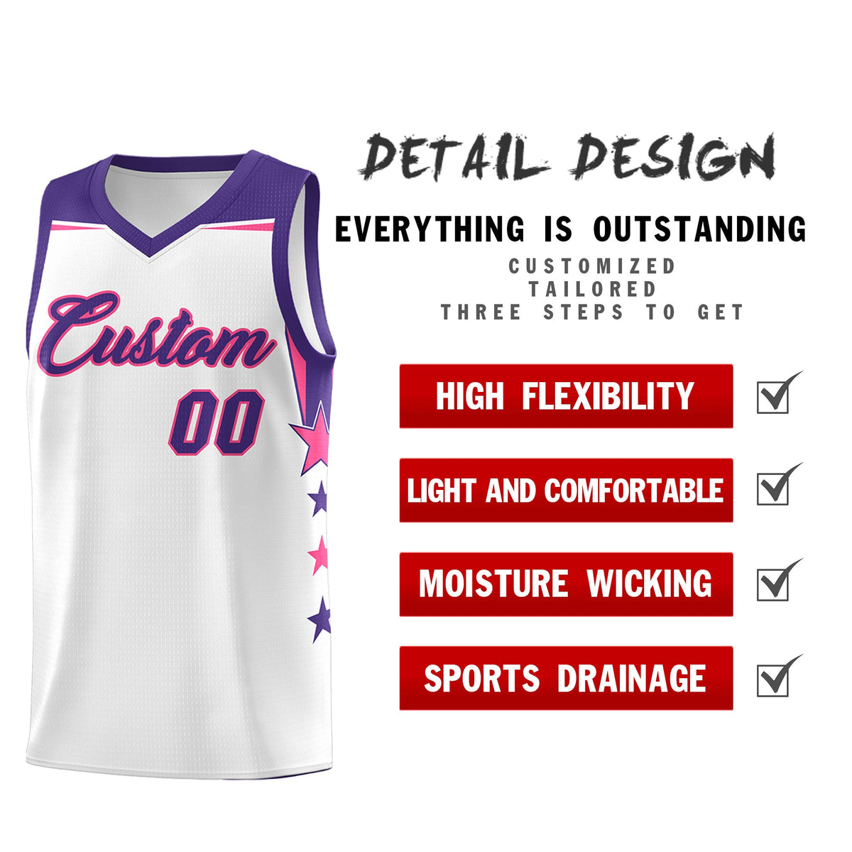 Custom Youth Basketball Uniform White Purple Two Tone Side Star Color Block Team Jersey