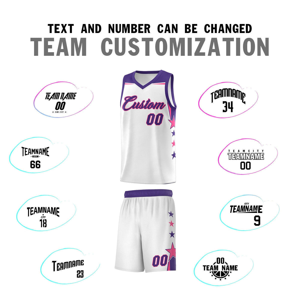 Custom Youth Basketball Uniform White Purple Two Tone Side Star Color Block Team Jersey