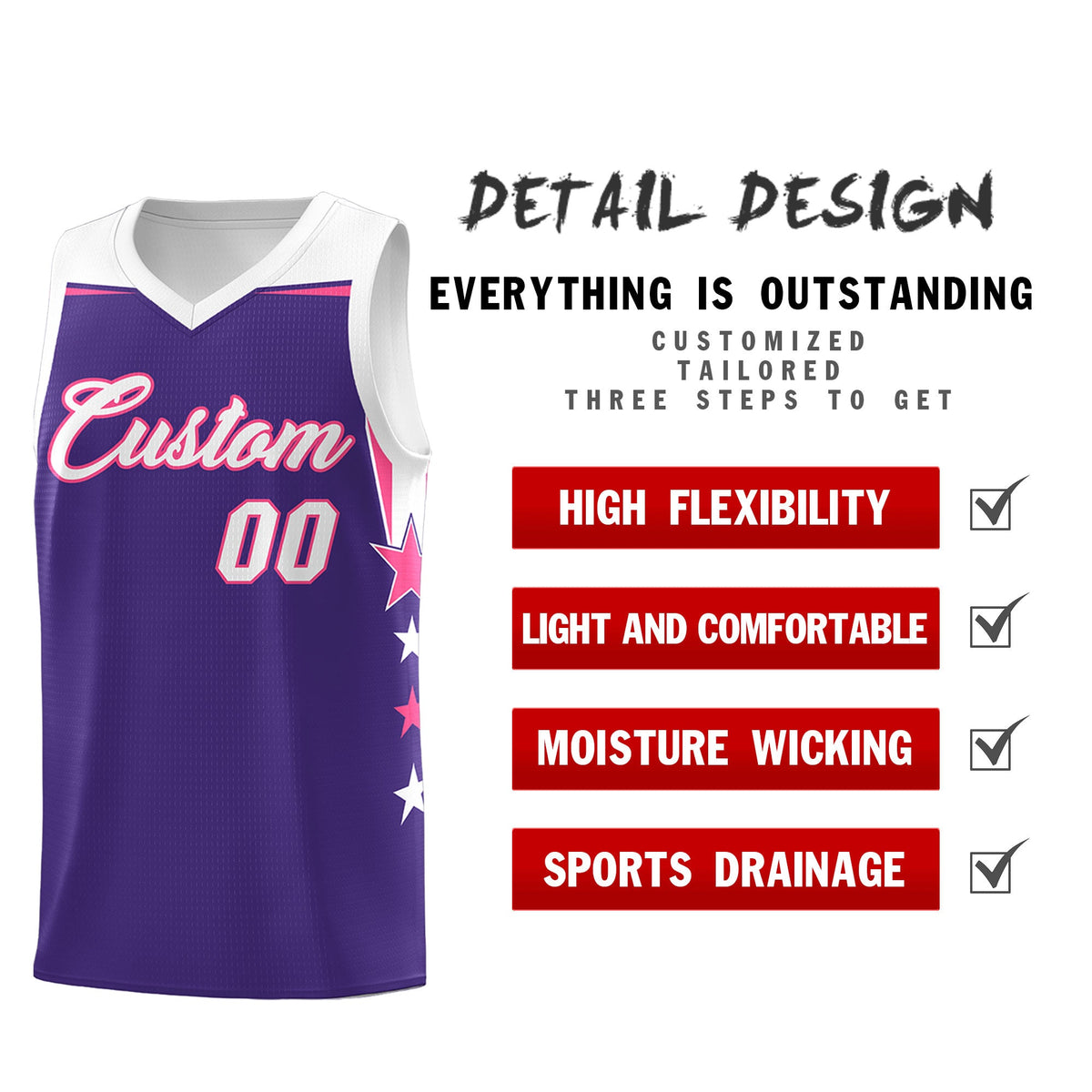Custom Youth Basketball Uniform Purple White Two Tone Side Star Personalized Team Jersey