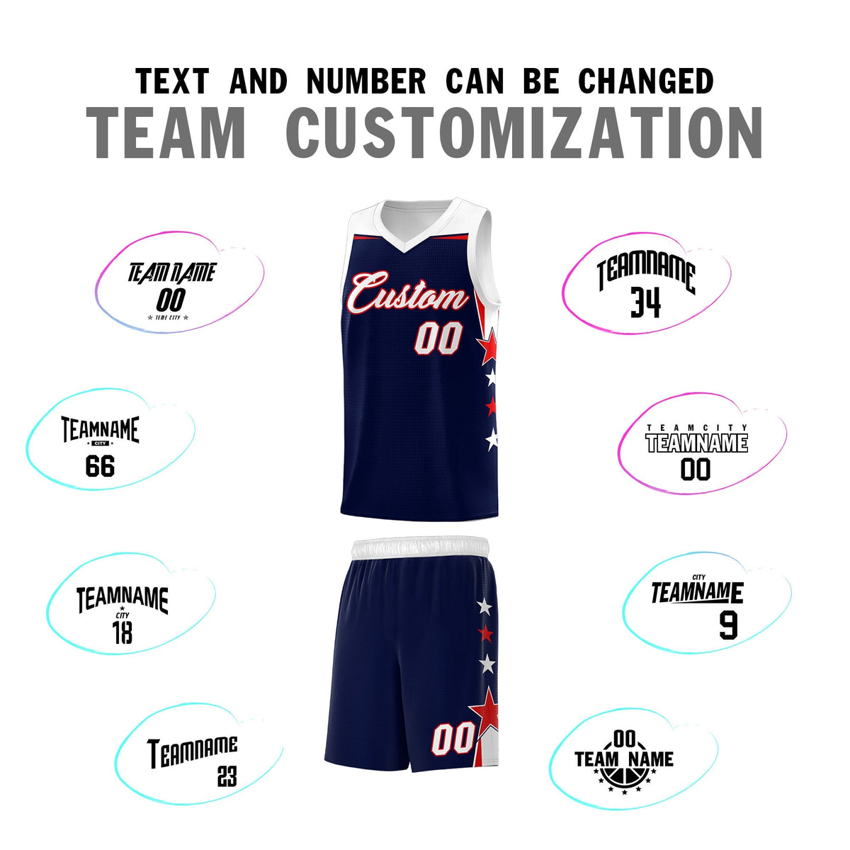 Custom Youth Basketball Uniform Navy White Two Tone Side Star Add Name Number & Logo