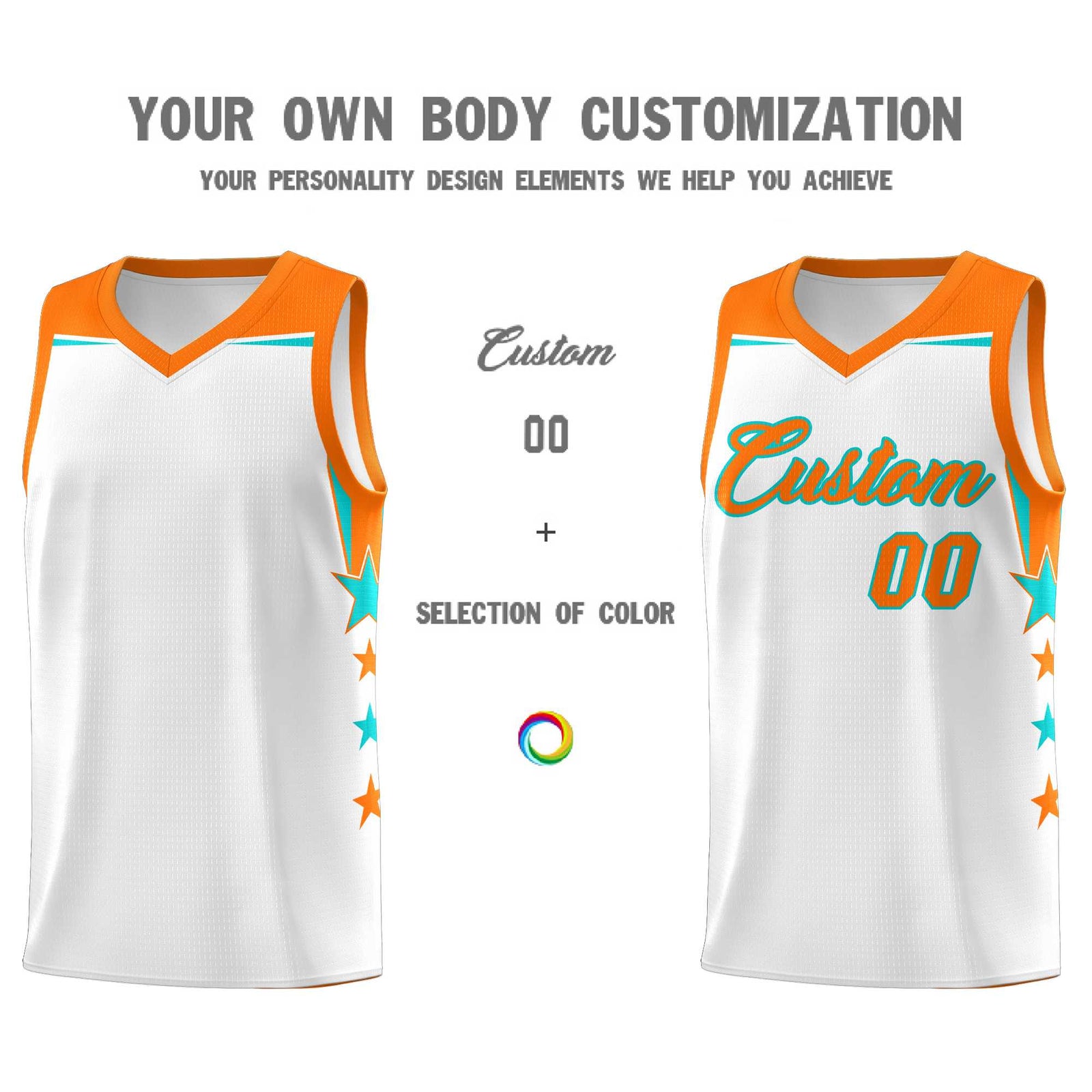 Custom Youth Basketball Uniform White Orange Two Tone Side Star Color Block Team Jersey