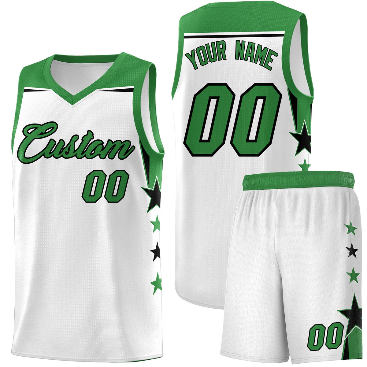 Custom Youth Basketball Uniform White Kelly Green Two Tone Side Star Color Block Team Jersey