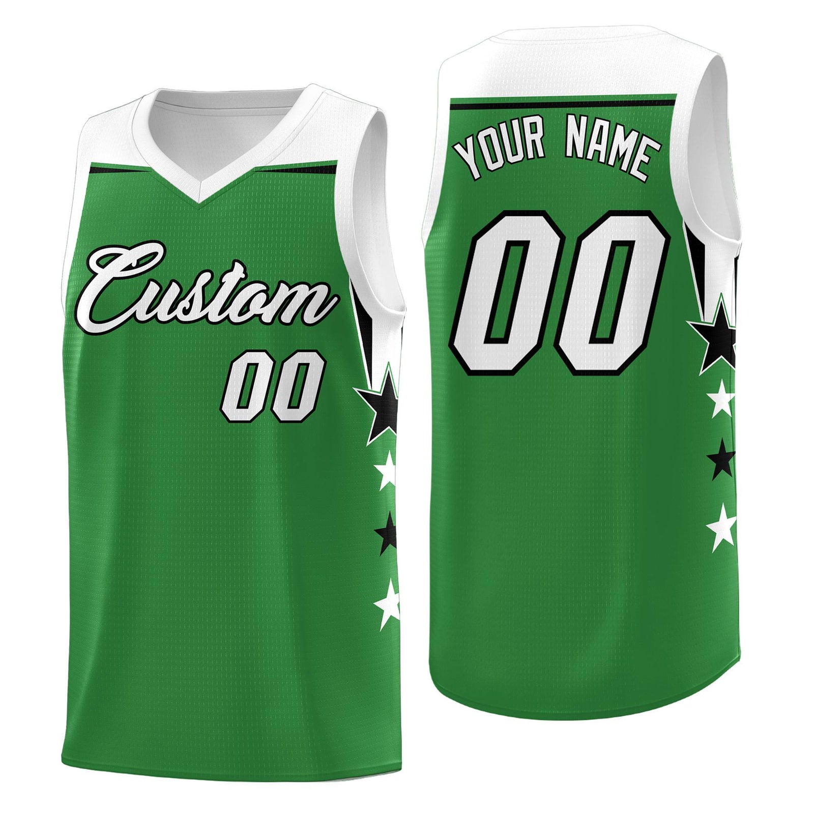 Custom Youth Basketball Uniform Kelly Green White Two Tone Side Star Add Name Number & Logo