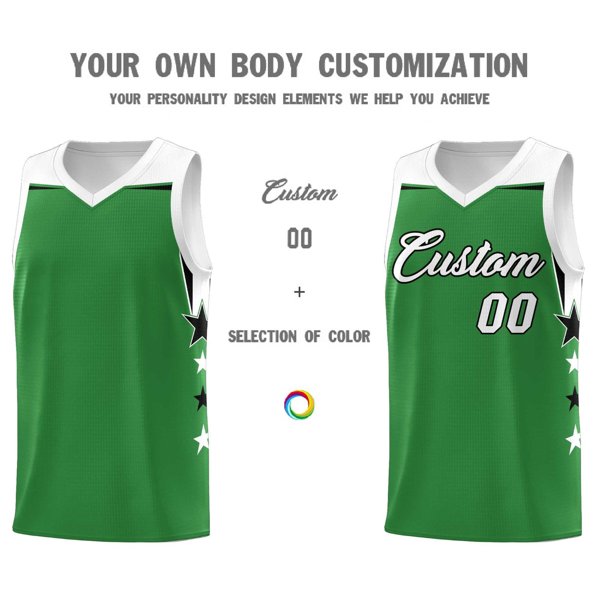 Custom Youth Basketball Uniform Kelly Green White Two Tone Side Star Add Name Number &amp; Logo