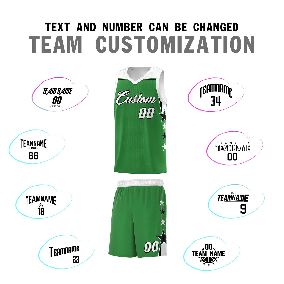Custom Youth Basketball Uniform Kelly Green White Two Tone Side Star Add Name Number &amp; Logo
