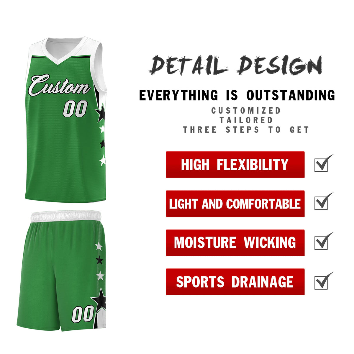 Custom Youth Basketball Uniform Kelly Green White Two Tone Side Star Add Name Number &amp; Logo