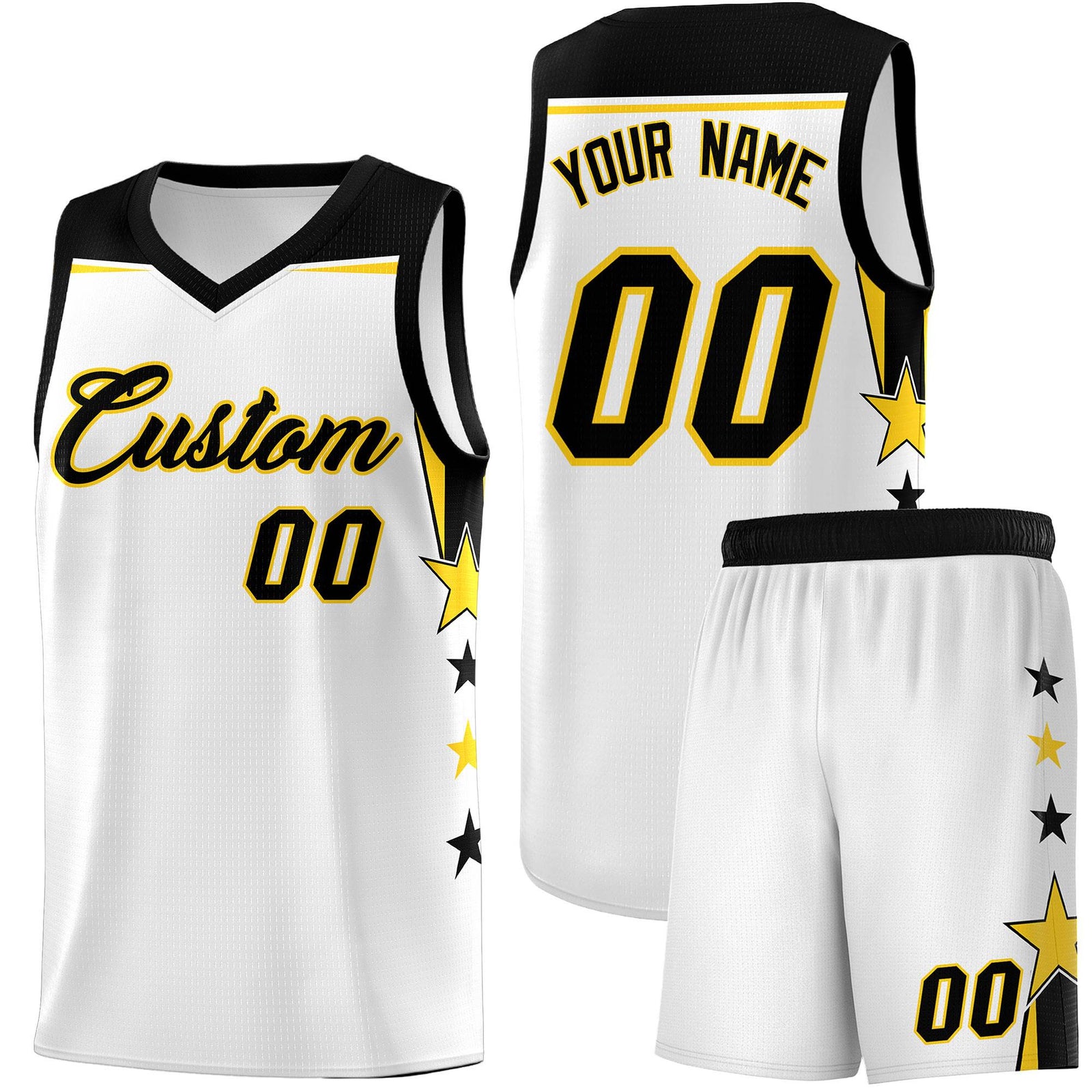 Custom Youth Basketball Uniform White Black Two Tone Side Star Color Block Team Jersey