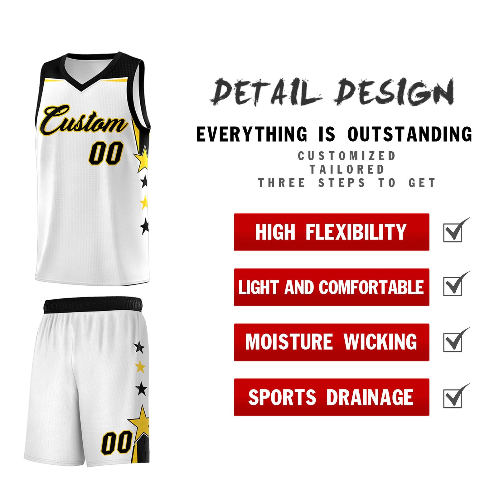 Custom Youth Basketball Uniform White Black Two Tone Side Star Color Block Team Jersey
