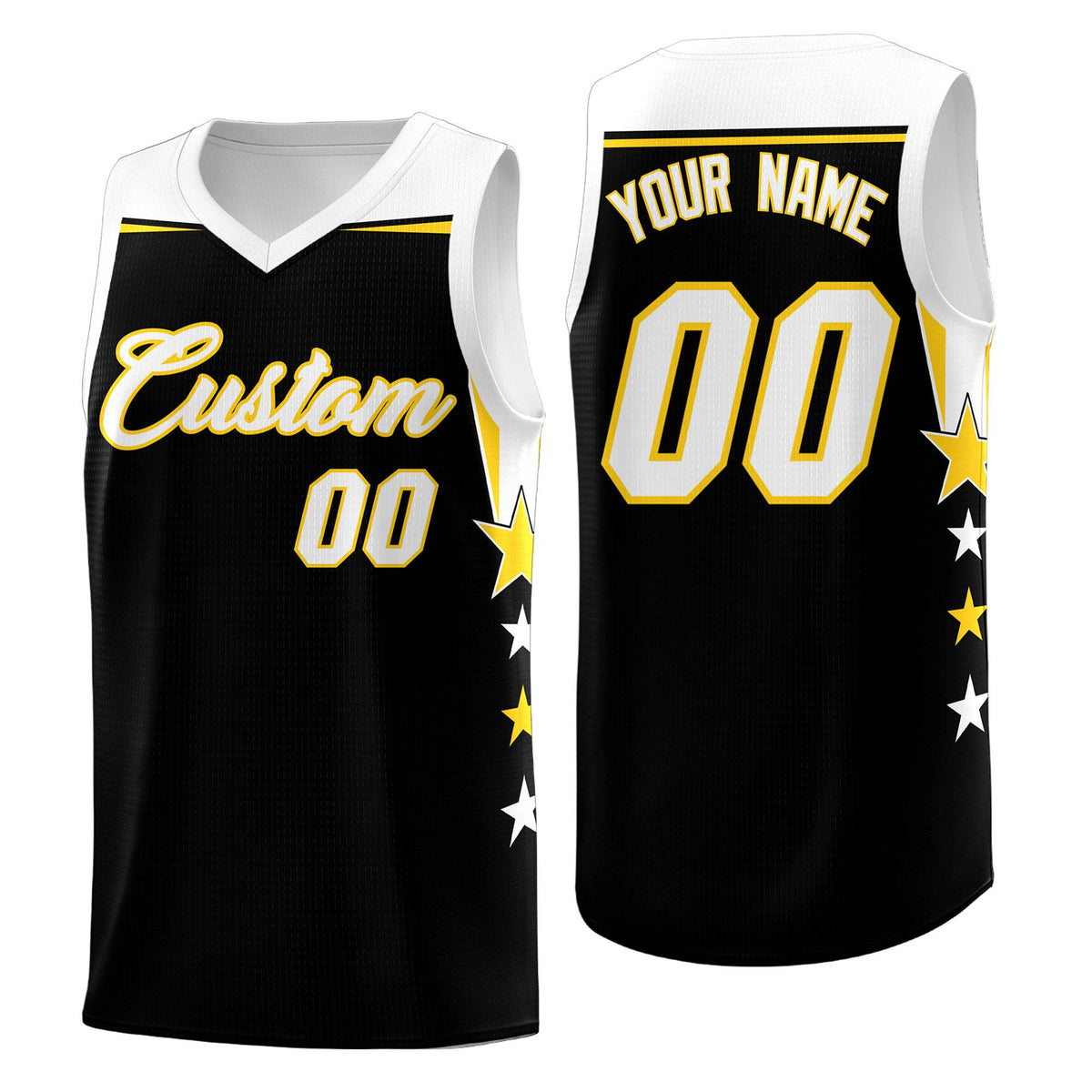 Custom Youth Basketball Uniform Black White Two Tone Side Star Add Name Number &amp; Logo