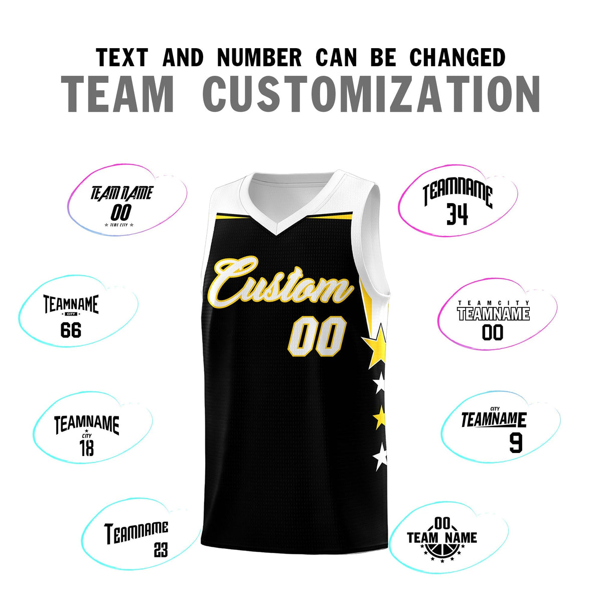 Custom Youth Basketball Uniform Black White Two Tone Side Star Add Name Number &amp; Logo