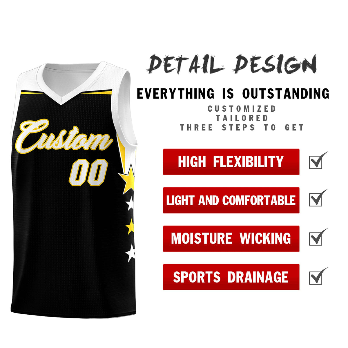 Custom Youth Basketball Uniform Black White Two Tone Side Star Add Name Number &amp; Logo