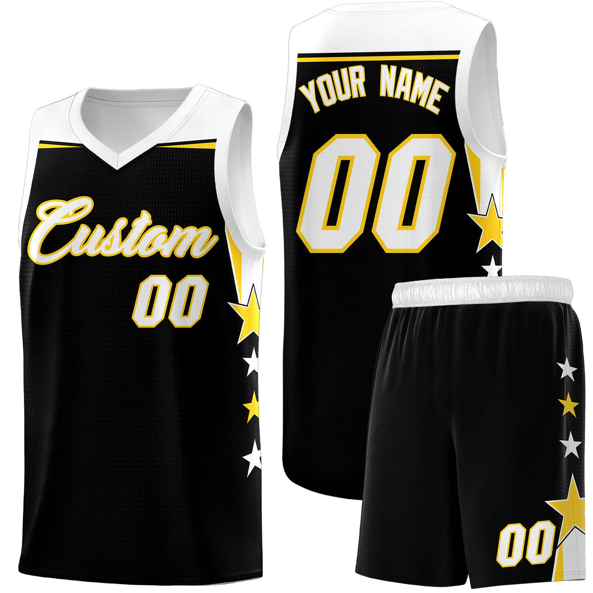 Custom Youth Basketball Uniform Black White Two Tone Side Star Add Name Number &amp; Logo