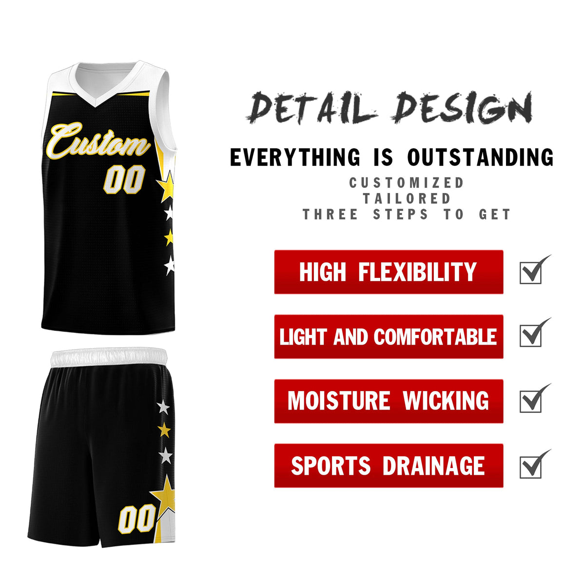 Custom Youth Basketball Uniform Black White Two Tone Side Star Add Name Number &amp; Logo
