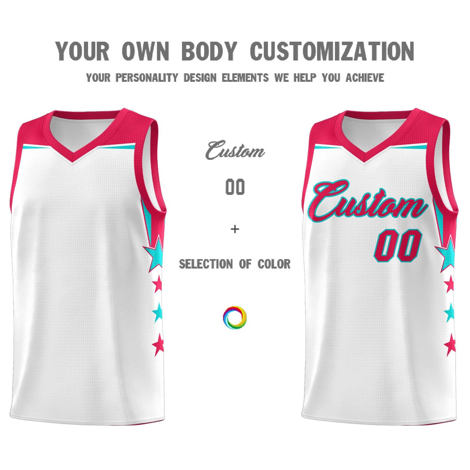 Custom Youth Basketball Uniform White Red Two Tone Side Star Color Block Team Jersey