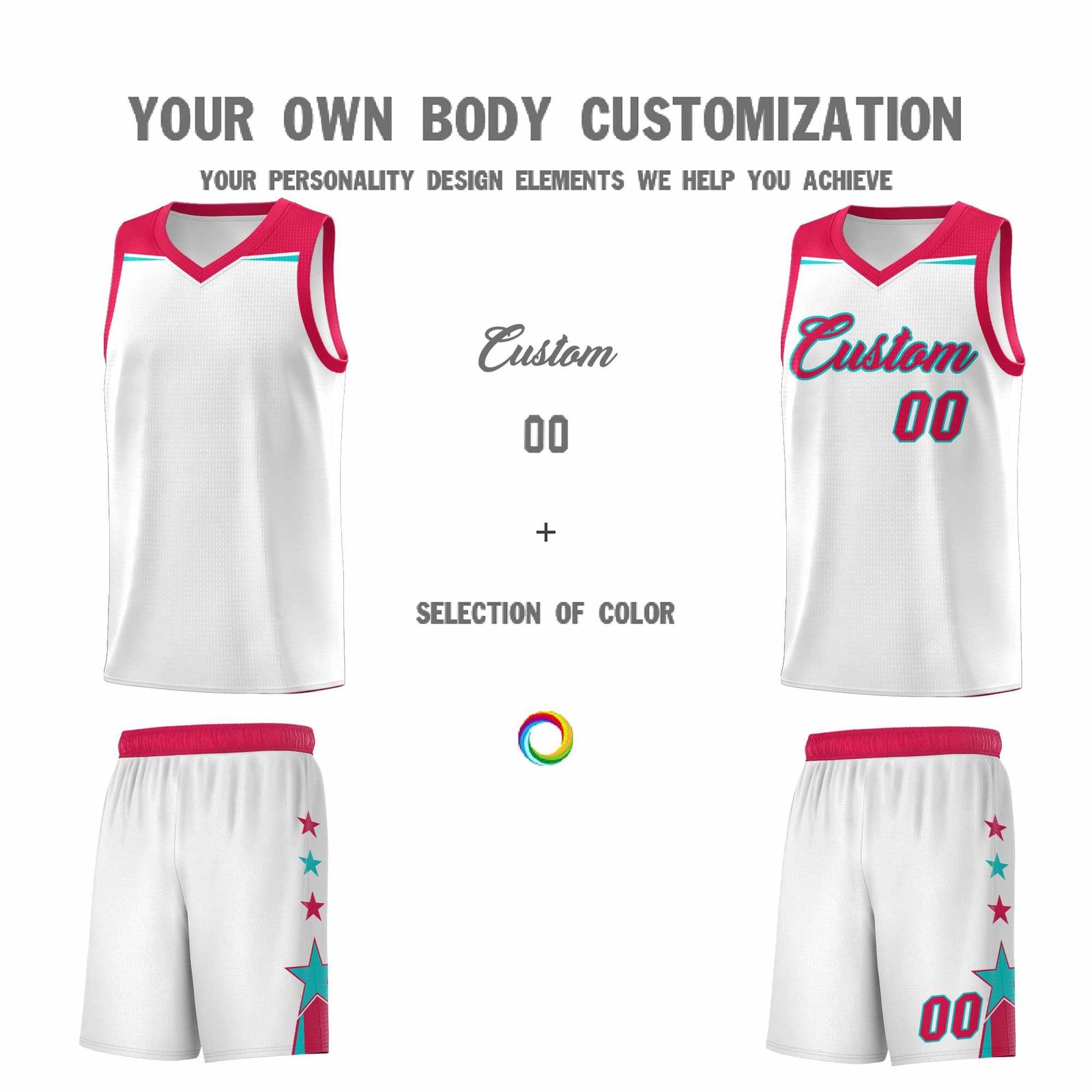 Custom Youth Basketball Uniform White Red Two Tone Side Star Color Block Team Jersey