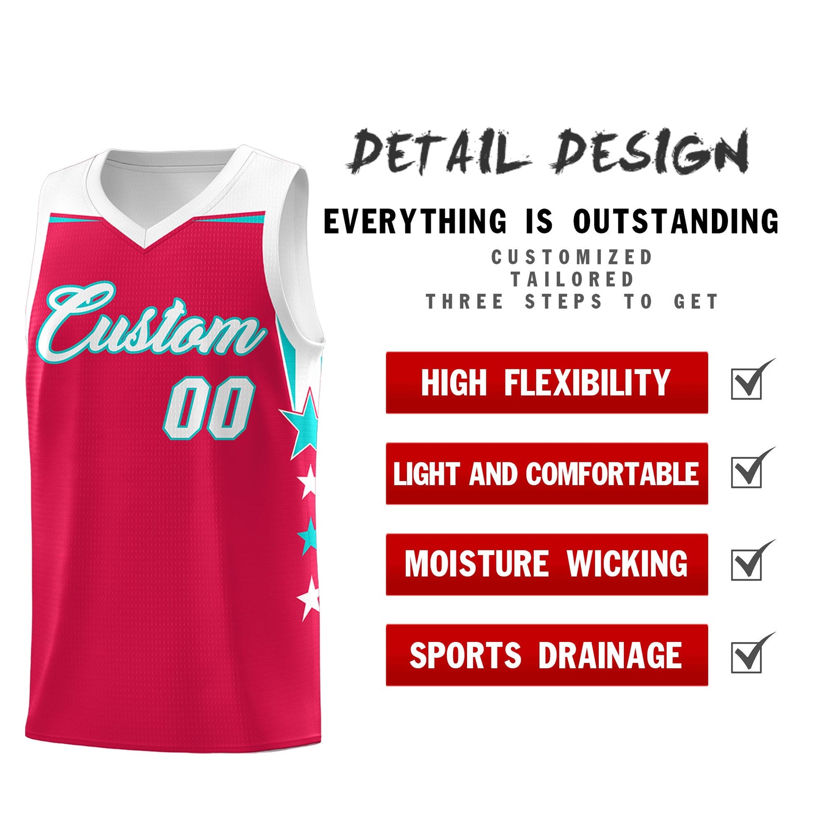 Custom Youth Basketball Uniform Red White Two Tone Side Star Add Name Number & Logo