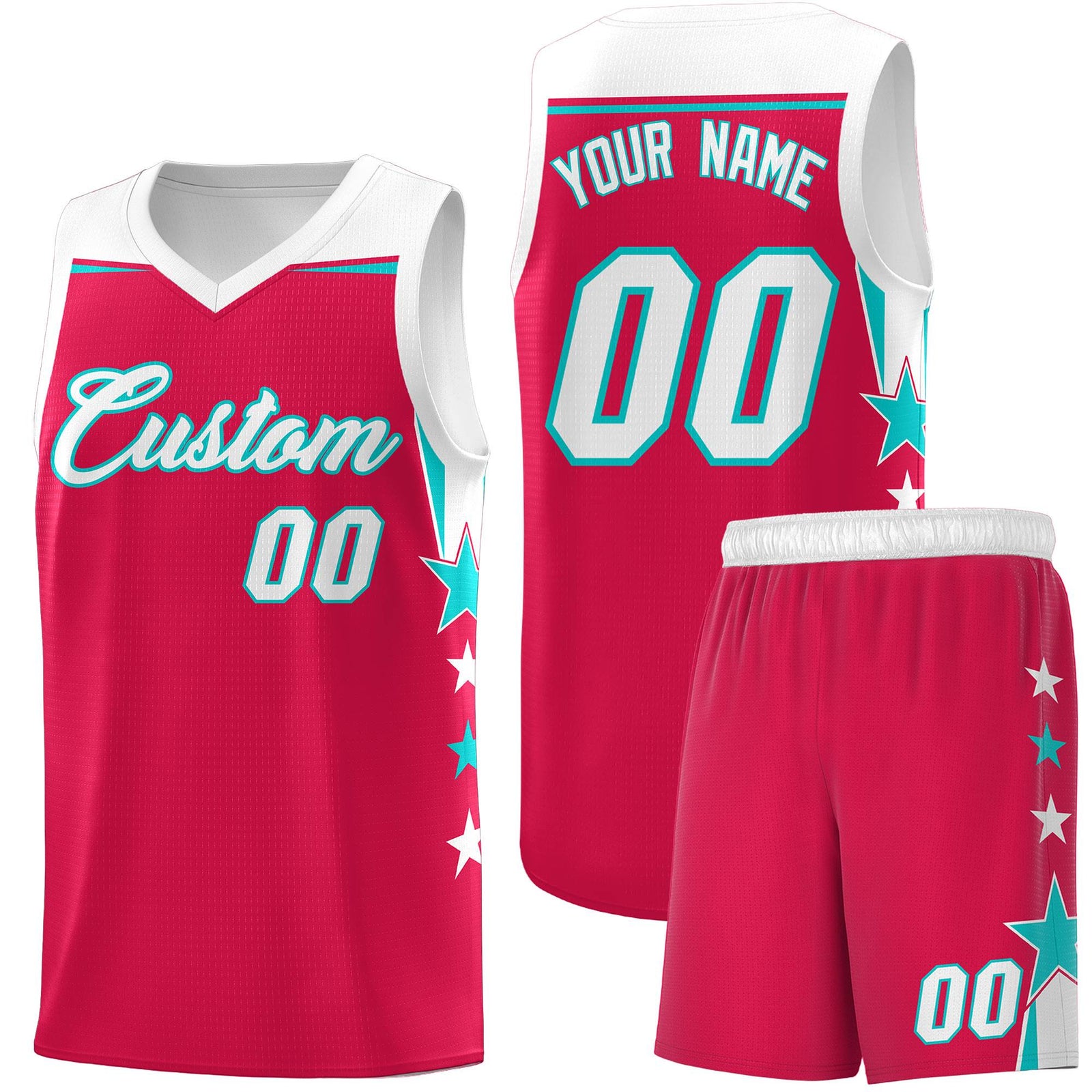 Custom Youth Basketball Uniform Red White Two Tone Side Star Add Name Number & Logo
