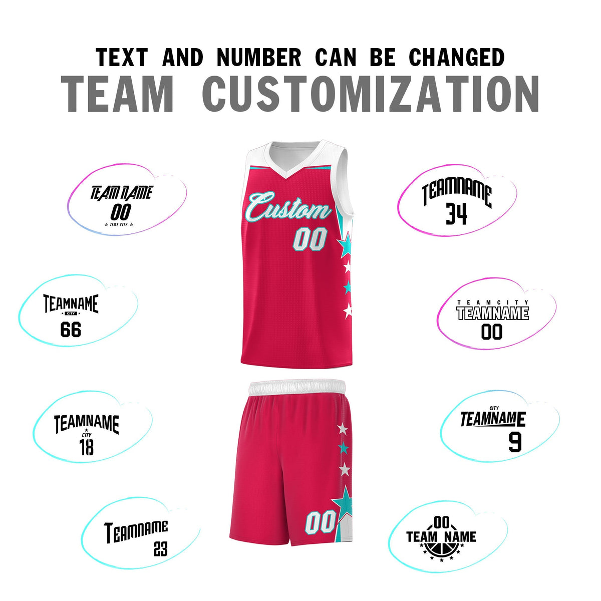 Custom Youth Basketball Uniform Red White Two Tone Side Star Add Name Number &amp; Logo