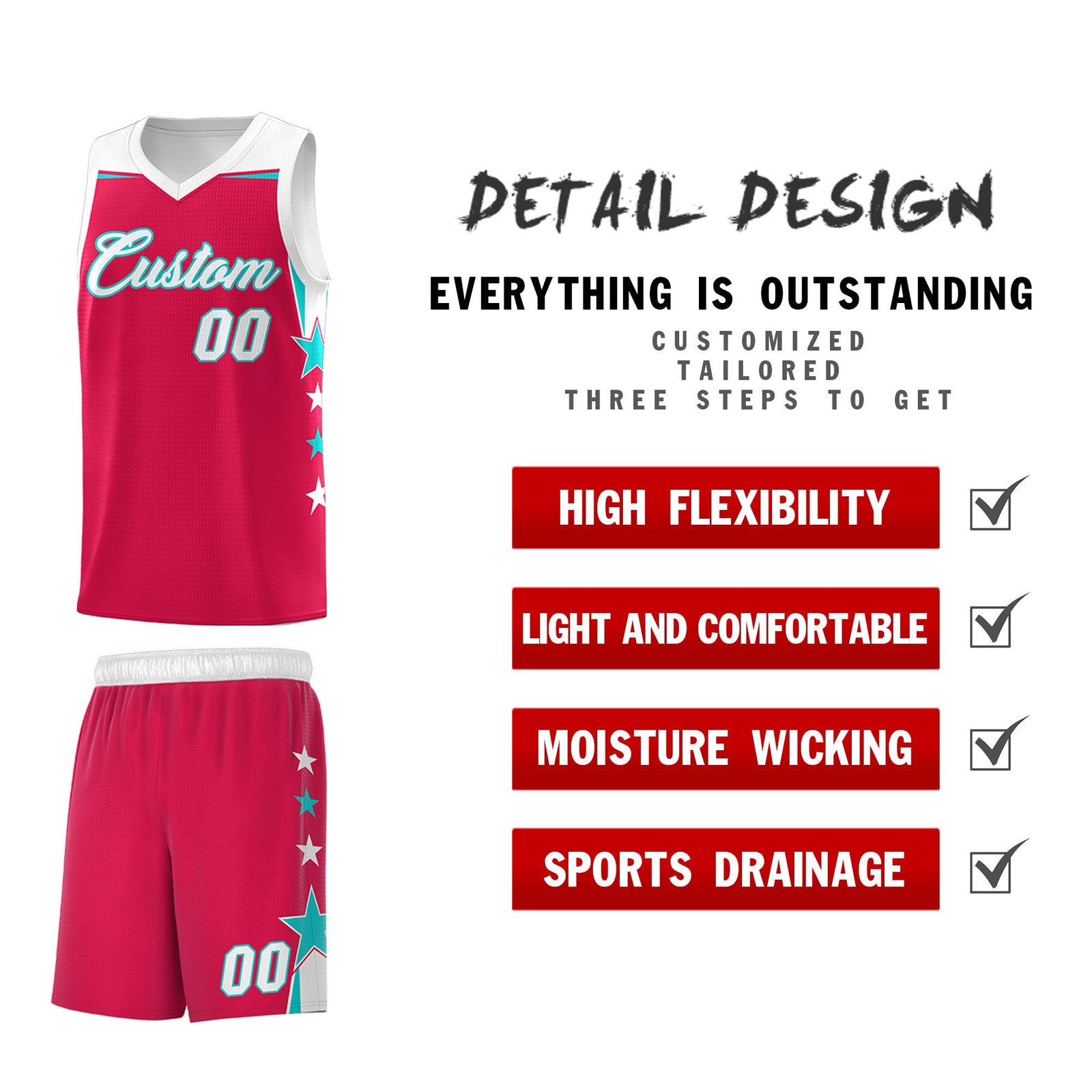 Custom Youth Basketball Uniform Red White Two Tone Side Star Add Name Number & Logo