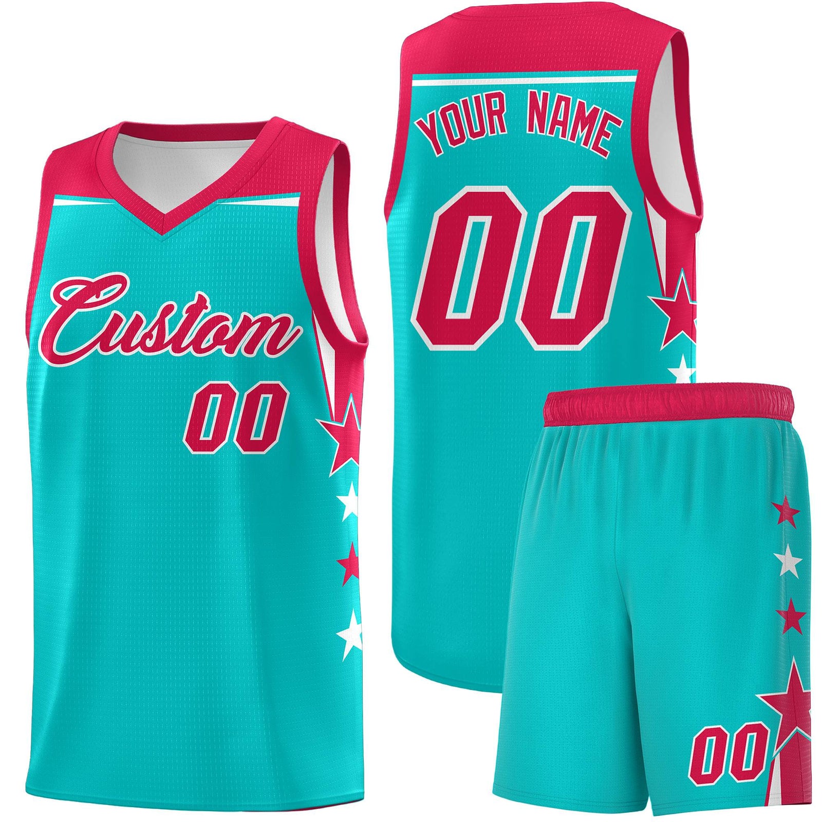 Custom Youth Basketball Uniform Aqua Red Two Tone Side Star Personalized Team Jersey