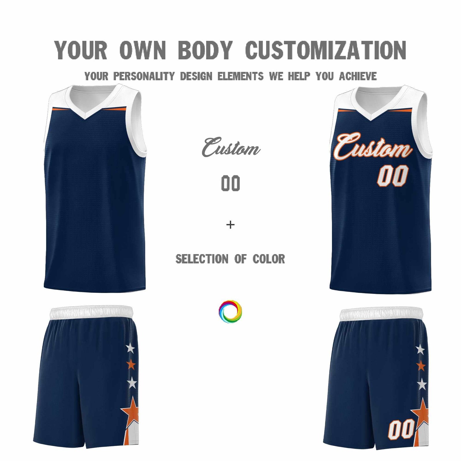 Custom Youth Basketball Uniform Navy White Two Tone Side Star Add Name Number & Logo