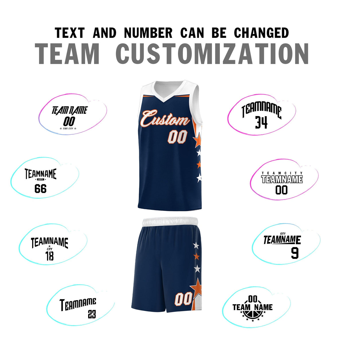 Custom Youth Basketball Uniform Navy White Two Tone Side Star Add Name Number &amp; Logo