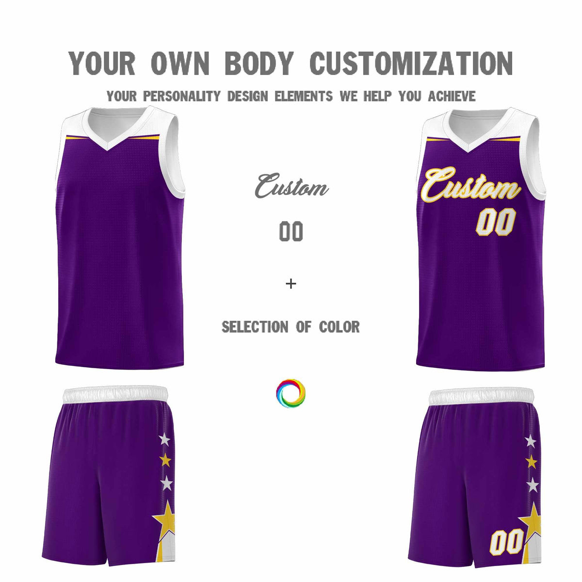 Custom Youth Basketball Uniform Purple White Two Tone Side Star Add Name Number &amp; Logo