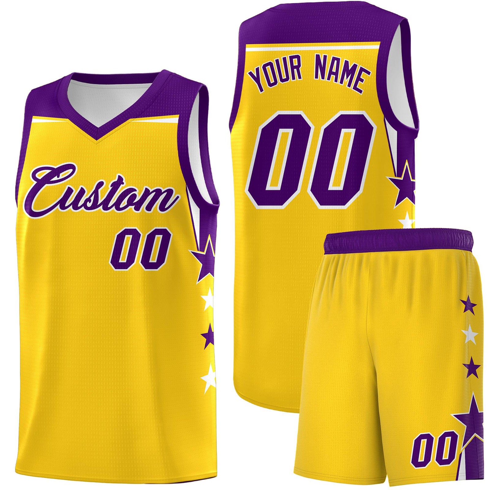 Custom Youth Basketball Uniform Gold Purple Two Tone Side Star Personalized Team Jersey