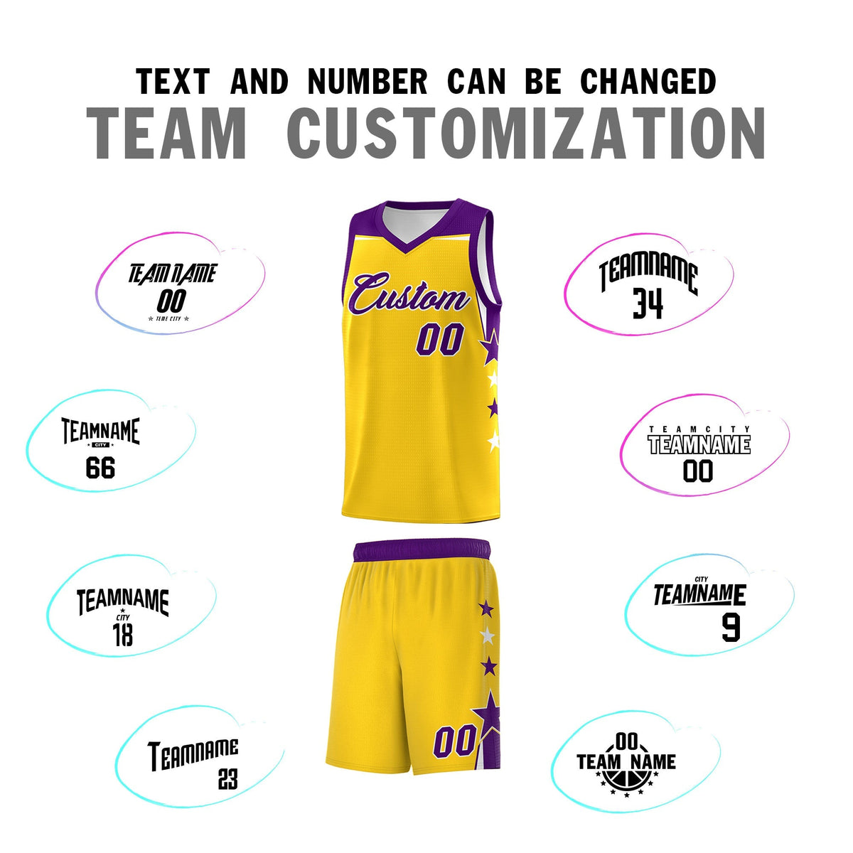 Custom Youth Basketball Uniform Gold Purple Two Tone Side Star Personalized Team Jersey
