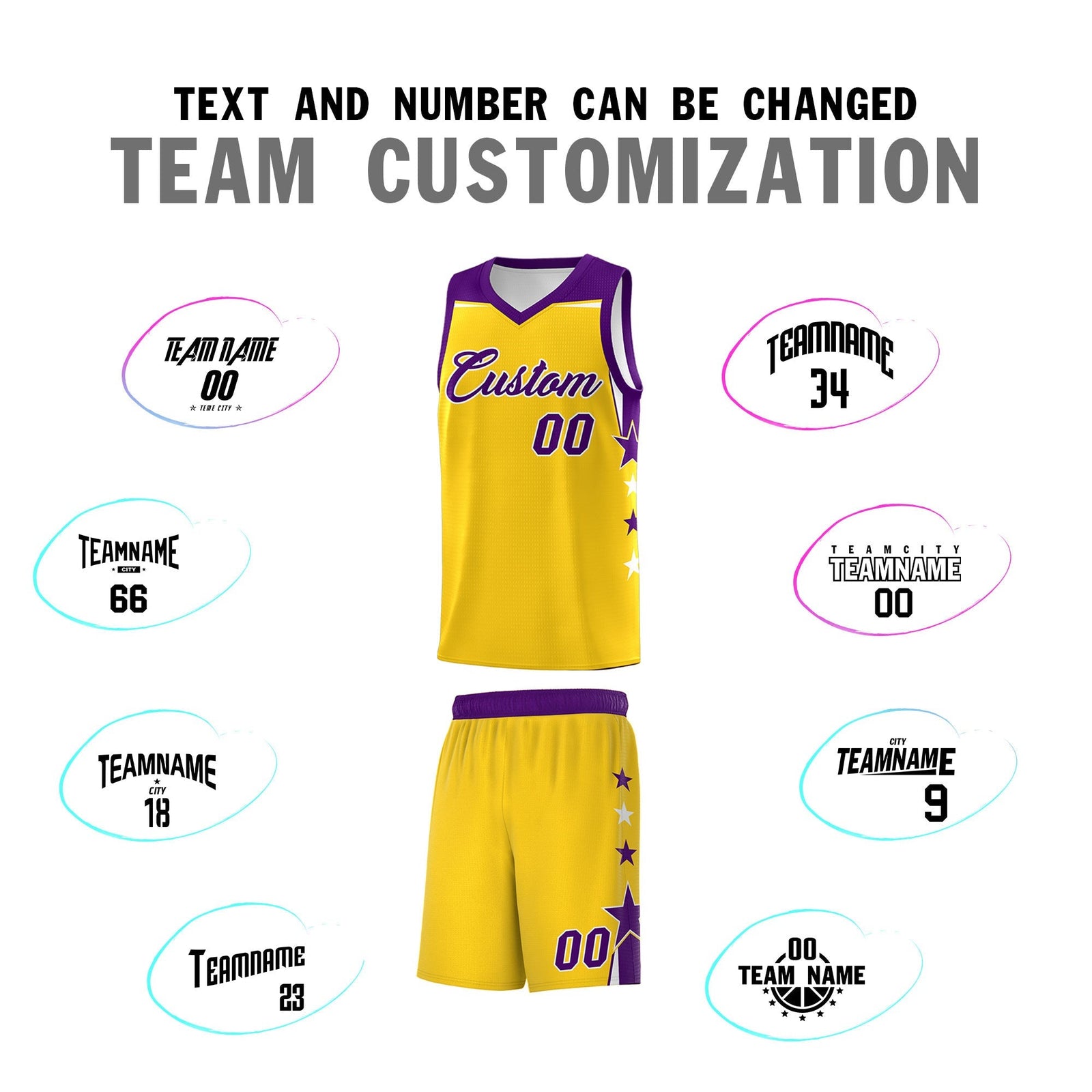 Custom Youth Basketball Uniform Gold Purple Two Tone Side Star Personalized Team Jersey
