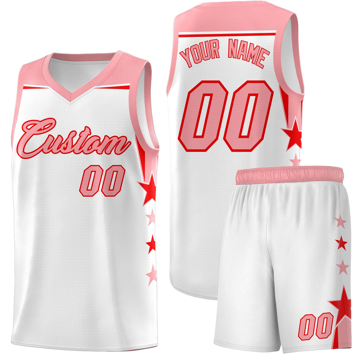 Custom Youth Basketball Uniform White Light Pink Two Tone Side Star Color Block Team Jersey