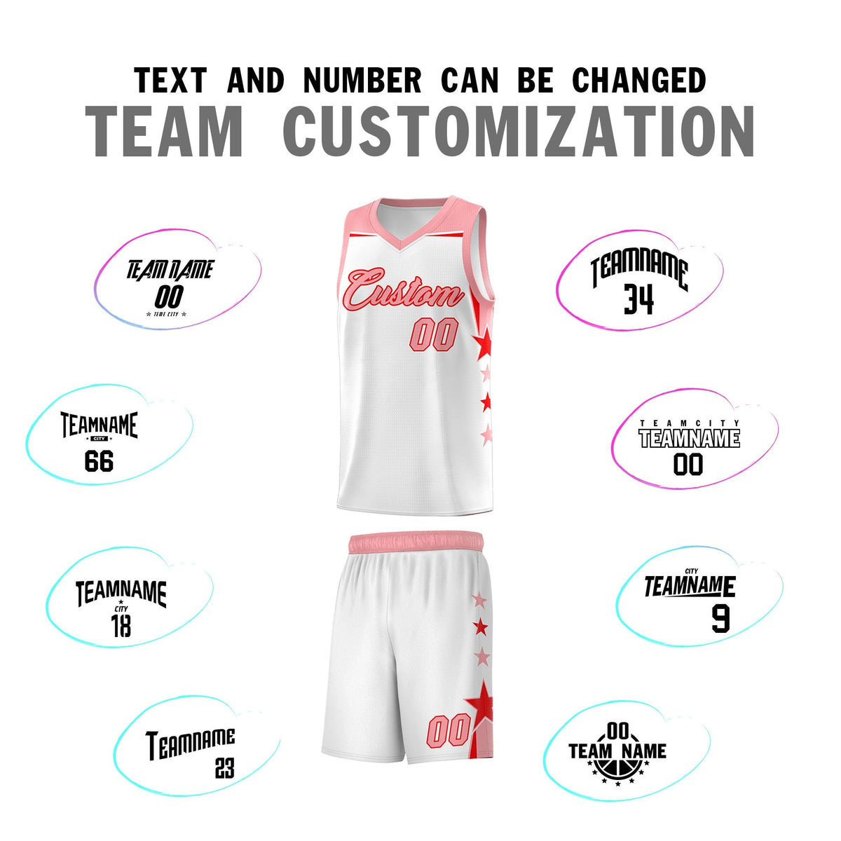 Custom Youth Basketball Uniform White Light Pink Two Tone Side Star Color Block Team Jersey