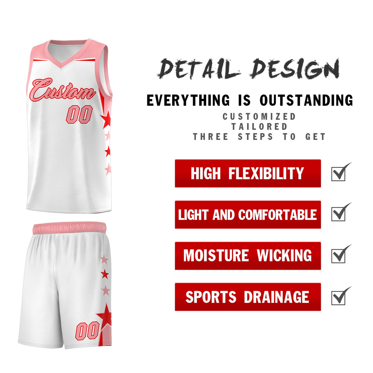 Custom Youth Basketball Uniform White Light Pink Two Tone Side Star Color Block Team Jersey