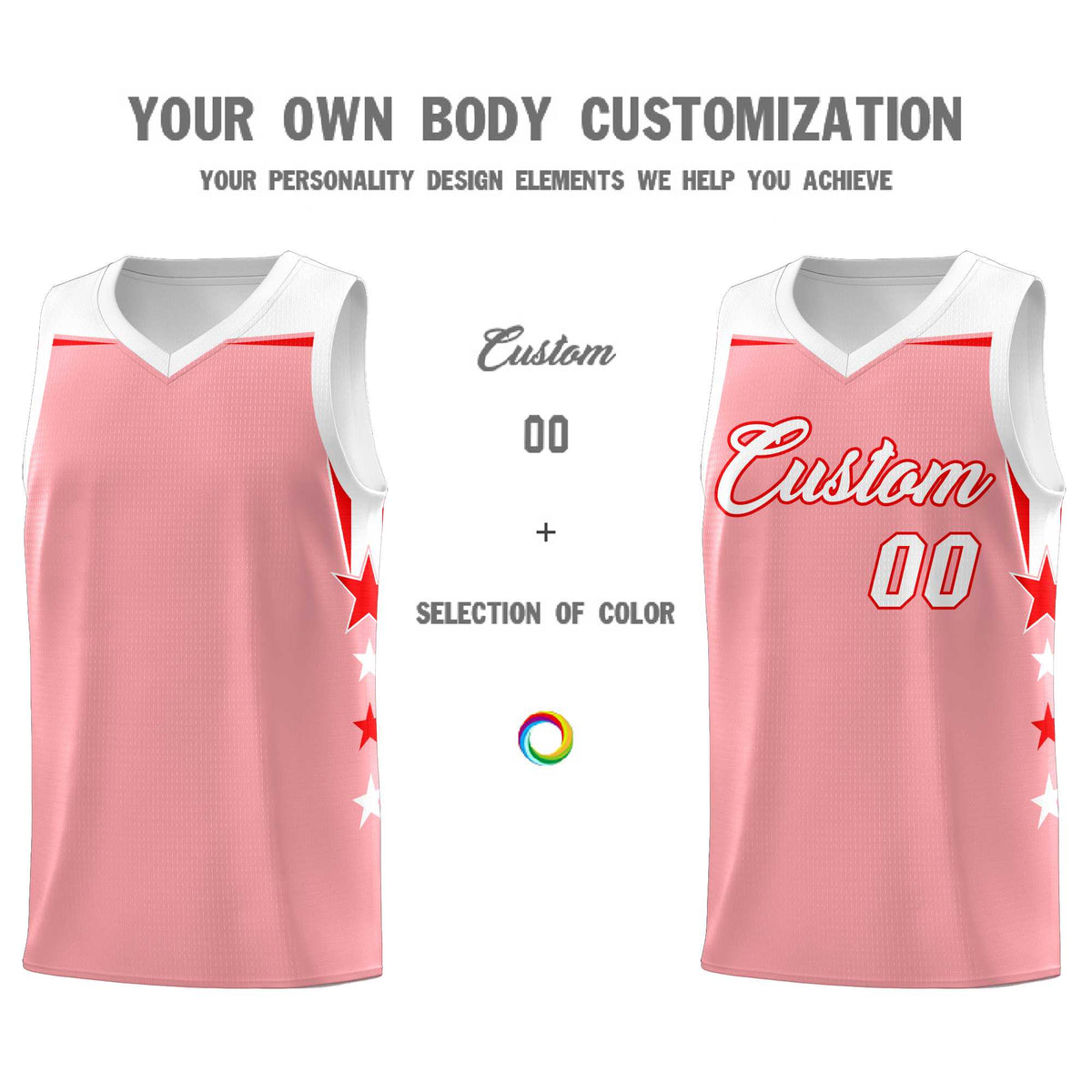 Custom Youth Basketball Uniform Light Pink White Two Tone Side Star Add Name Number &amp; Logo