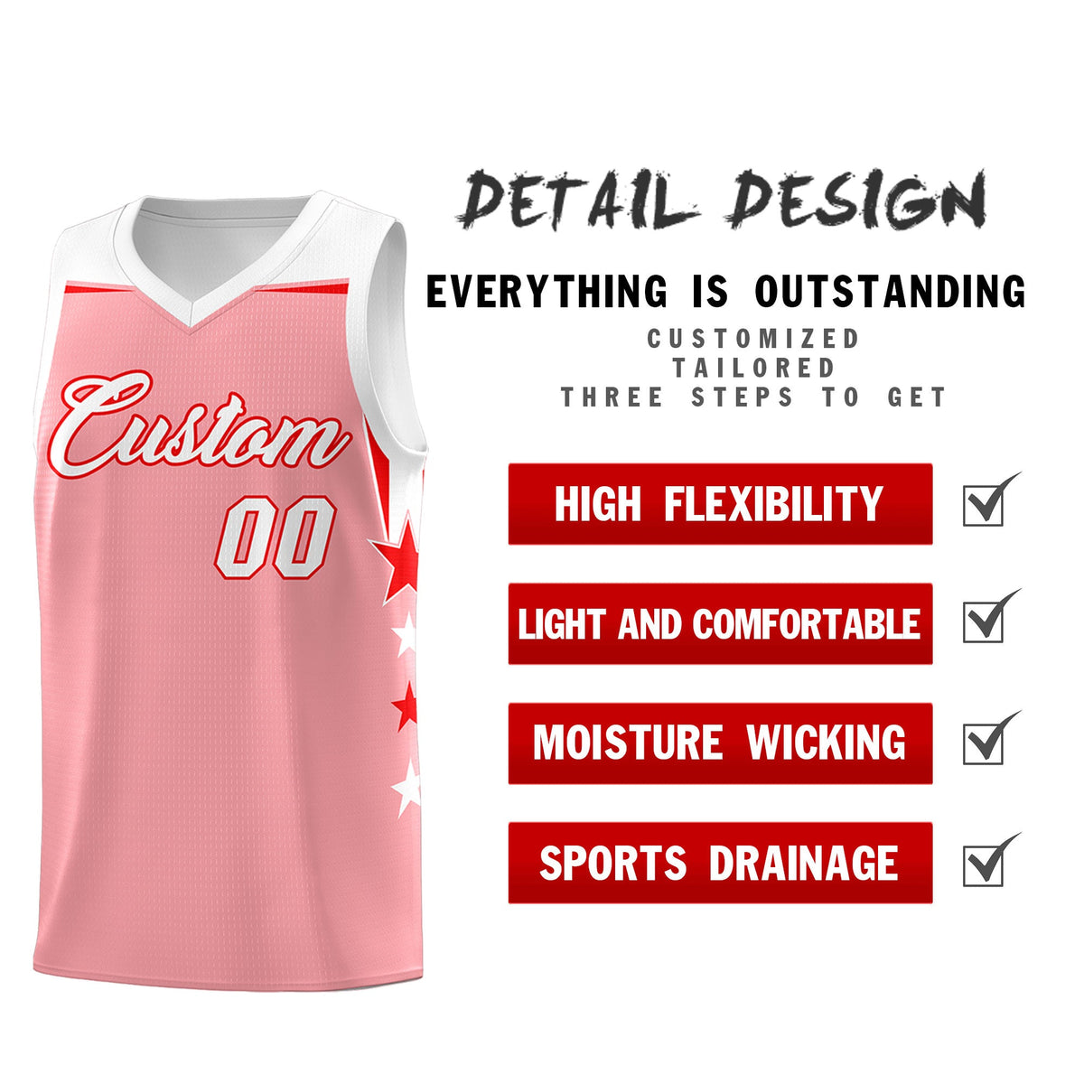Custom Youth Basketball Uniform Light Pink White Two Tone Side Star Add Name Number &amp; Logo