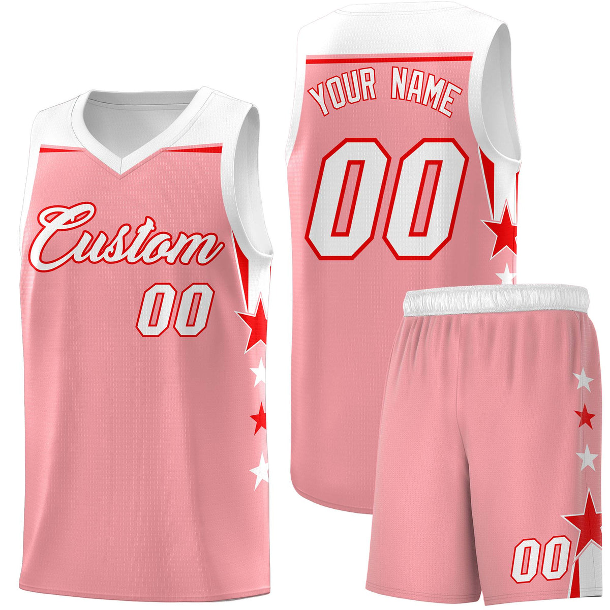 Custom Youth Basketball Uniform Light Pink White Two Tone Side Star Add Name Number &amp; Logo