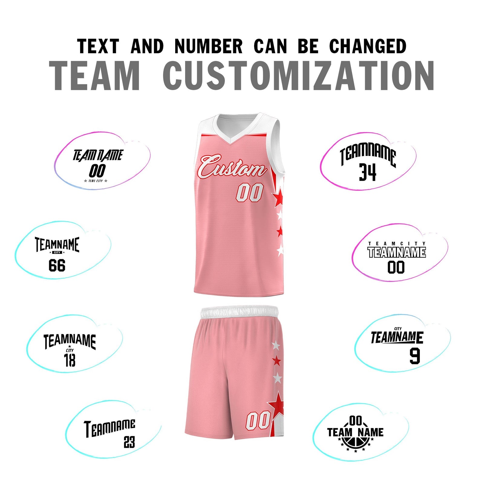 Custom Youth Basketball Uniform Light Pink White Two Tone Side Star Add Name Number & Logo