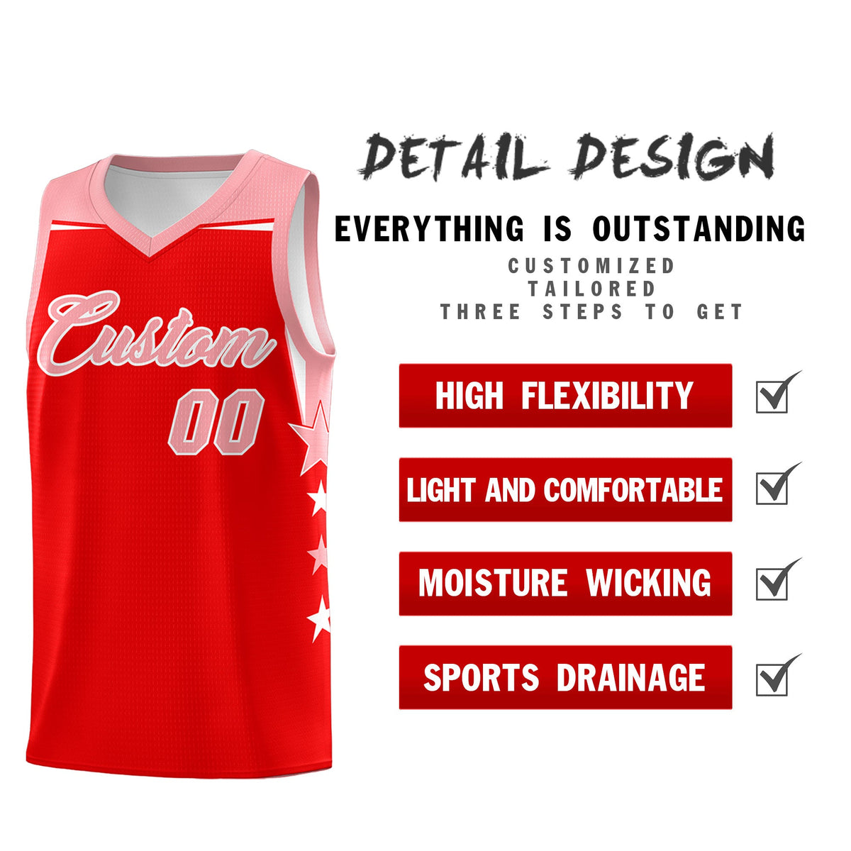 Custom Youth Basketball Uniform Light Red Light Pink Two Tone Side Star Personalized Team Jersey