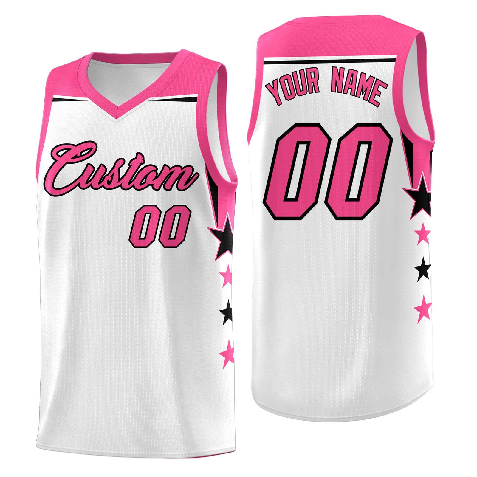 Custom Youth Basketball Uniform White Pink Two Tone Side Star Color Block Team Jersey