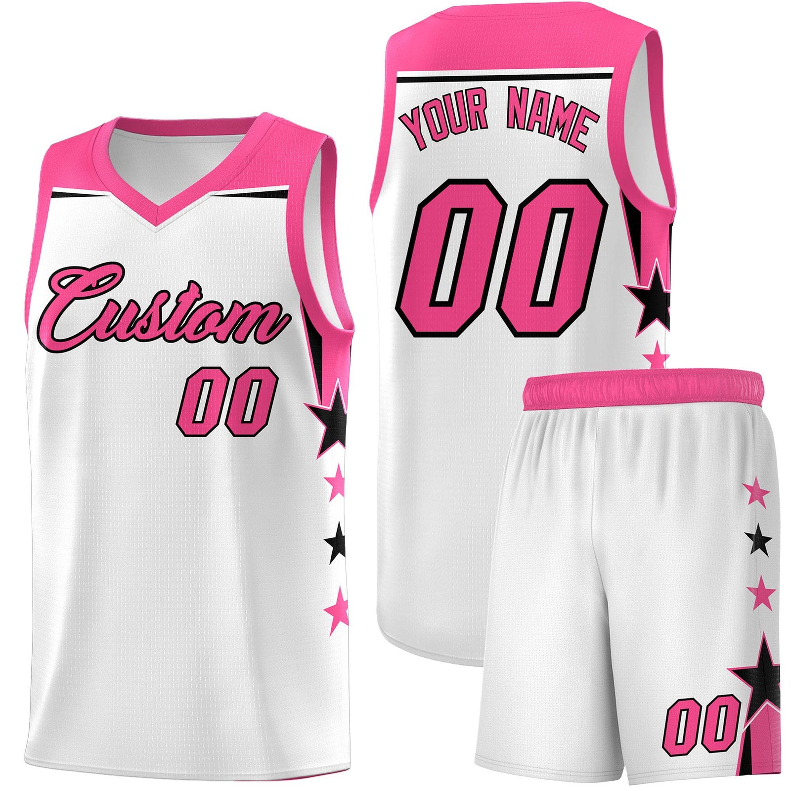 Custom Youth Basketball Uniform White Pink Two Tone Side Star Color Block Team Jersey