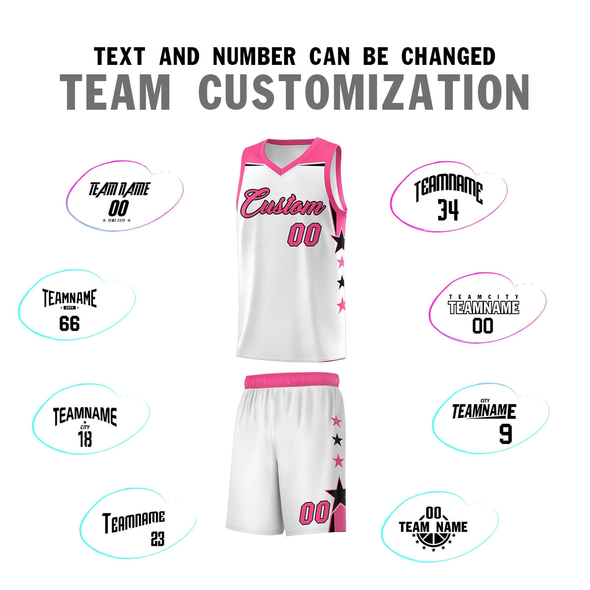 Custom Youth Basketball Uniform White Pink Two Tone Side Star Color Block Team Jersey
