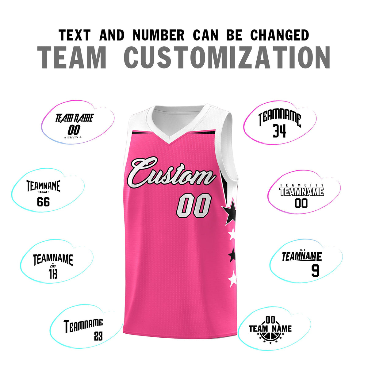 Custom Youth Basketball Uniform Pink White Two Tone Side Star Add Name Number &amp; Logo