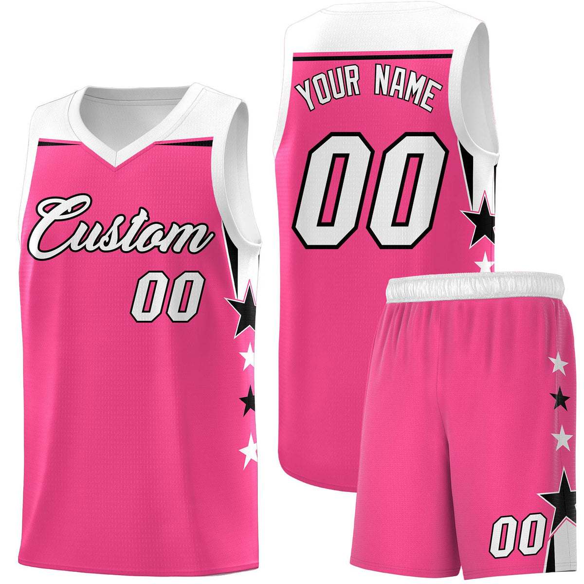 Custom Youth Basketball Uniform Pink White Two Tone Side Star Add Name Number &amp; Logo