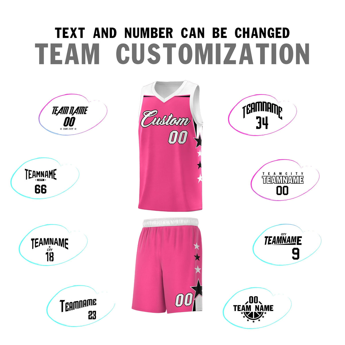 Custom Youth Basketball Uniform Pink White Two Tone Side Star Add Name Number &amp; Logo
