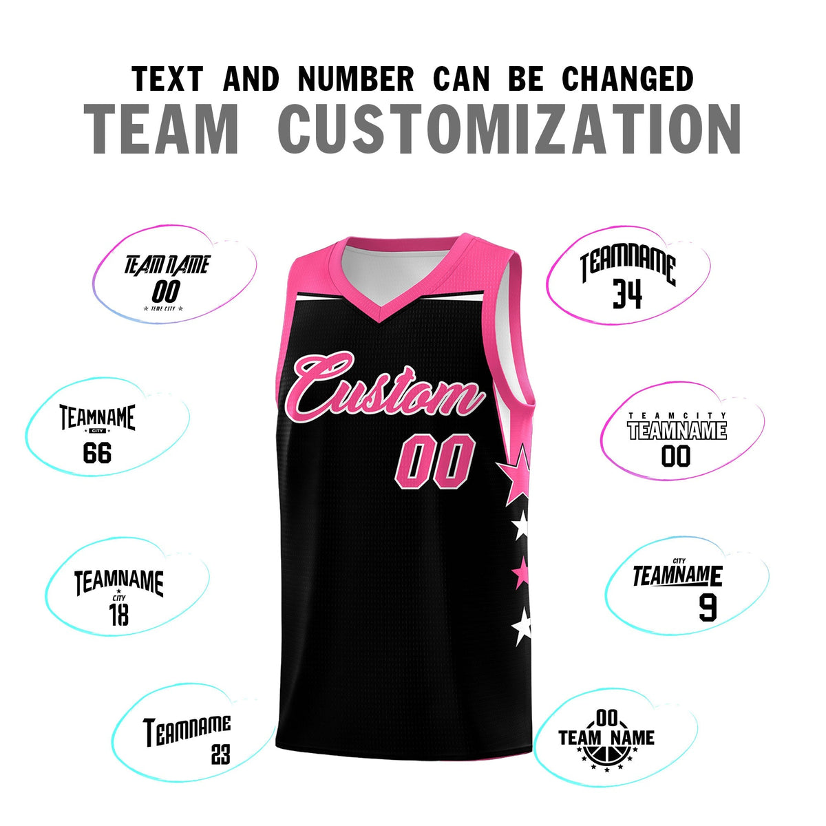 Custom Youth Basketball Uniform Black Pink Two Tone Side Star Personalized Team Jersey
