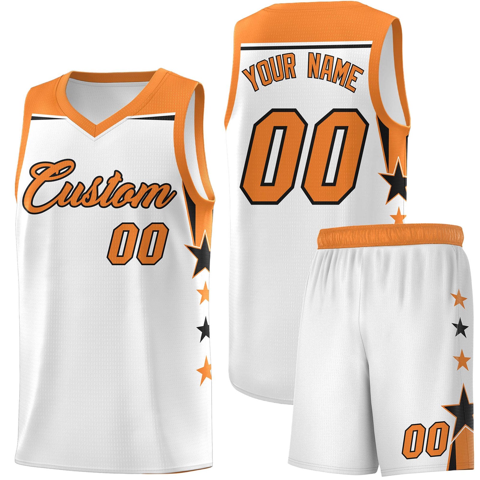 Custom Youth Basketball Uniform White Gold Orange Two Tone Side Star Color Block Team Jersey