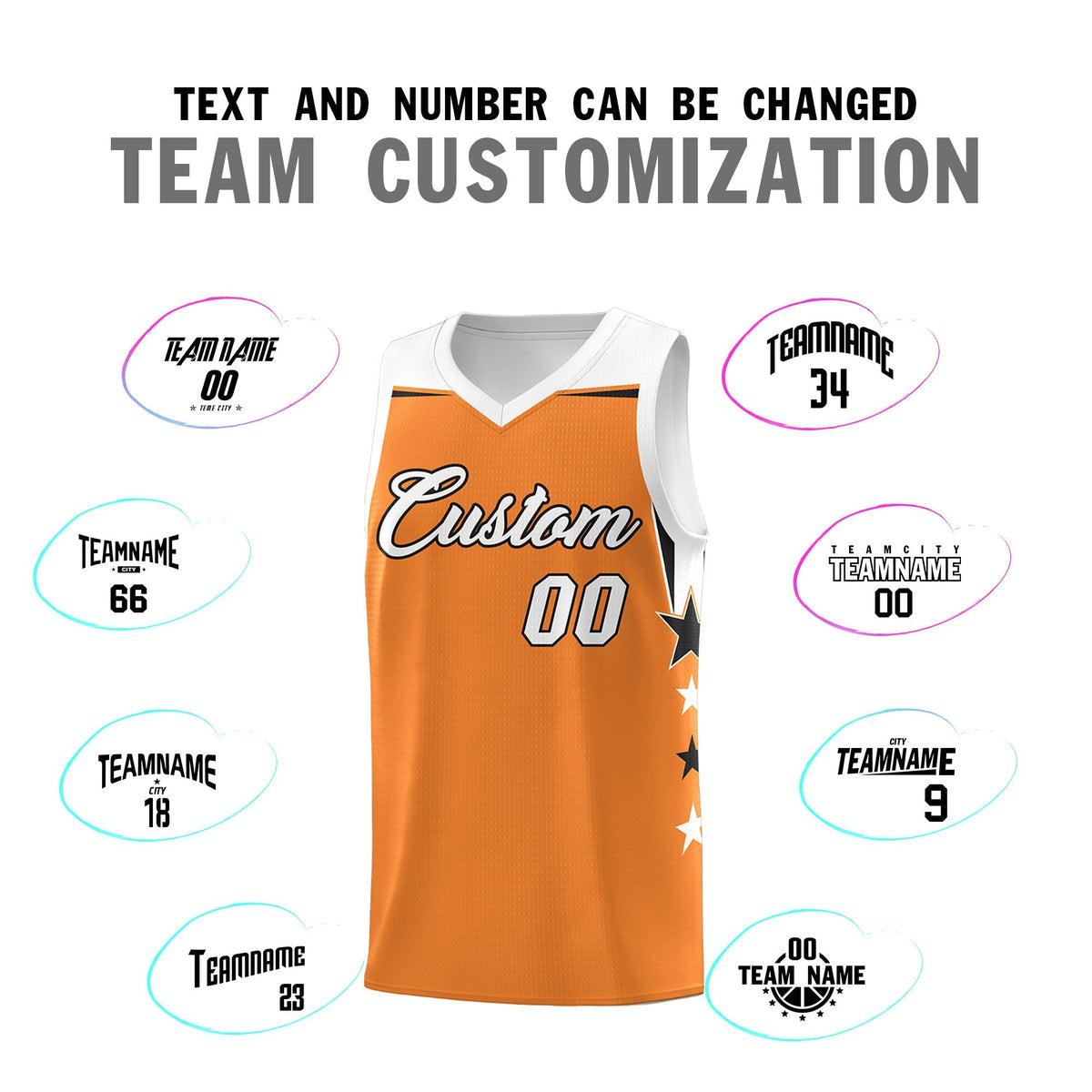 Custom Youth Basketball Uniform Gold Orange White Two Tone Side Star Add Name Number &amp; Logo