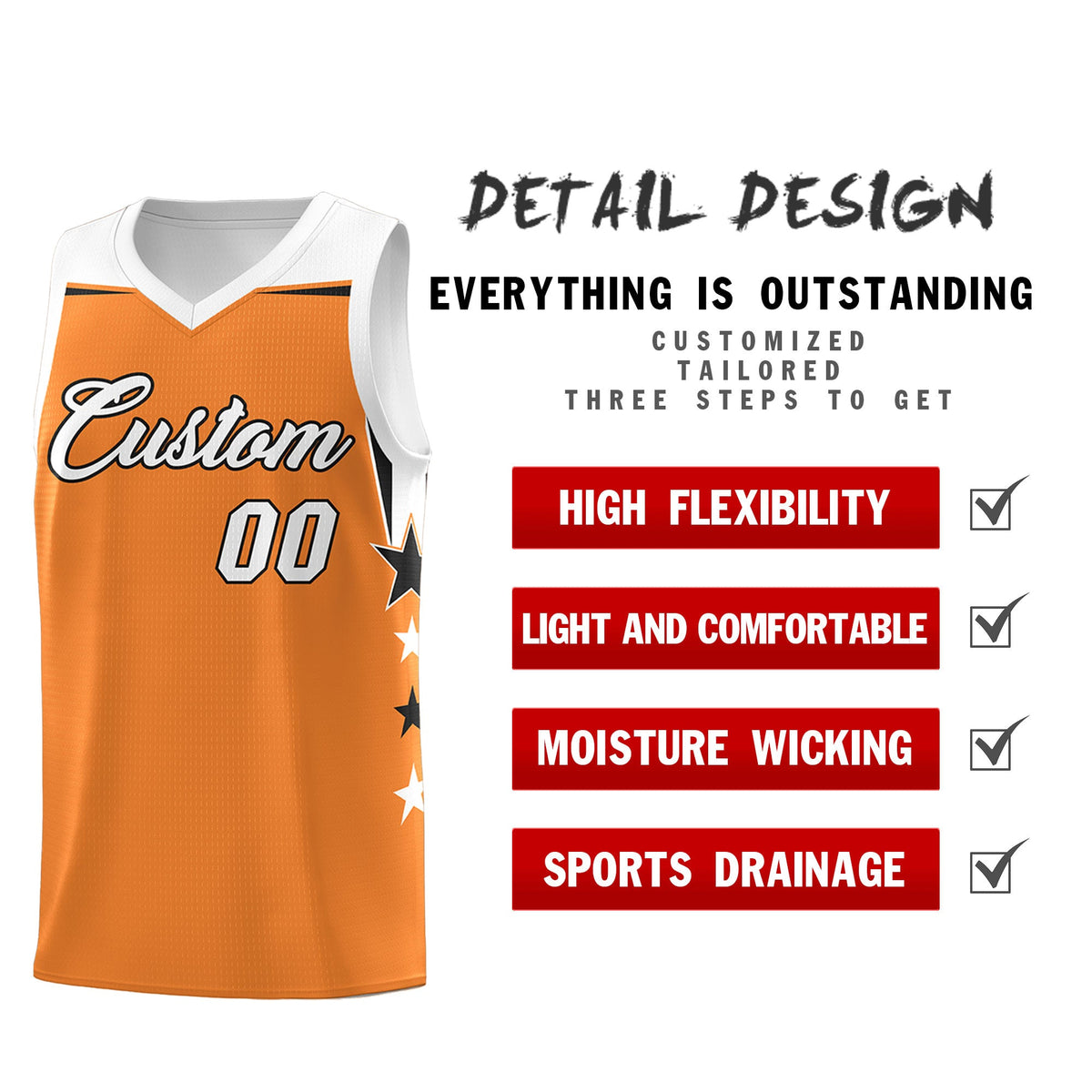 Custom Youth Basketball Uniform Gold Orange White Two Tone Side Star Add Name Number &amp; Logo