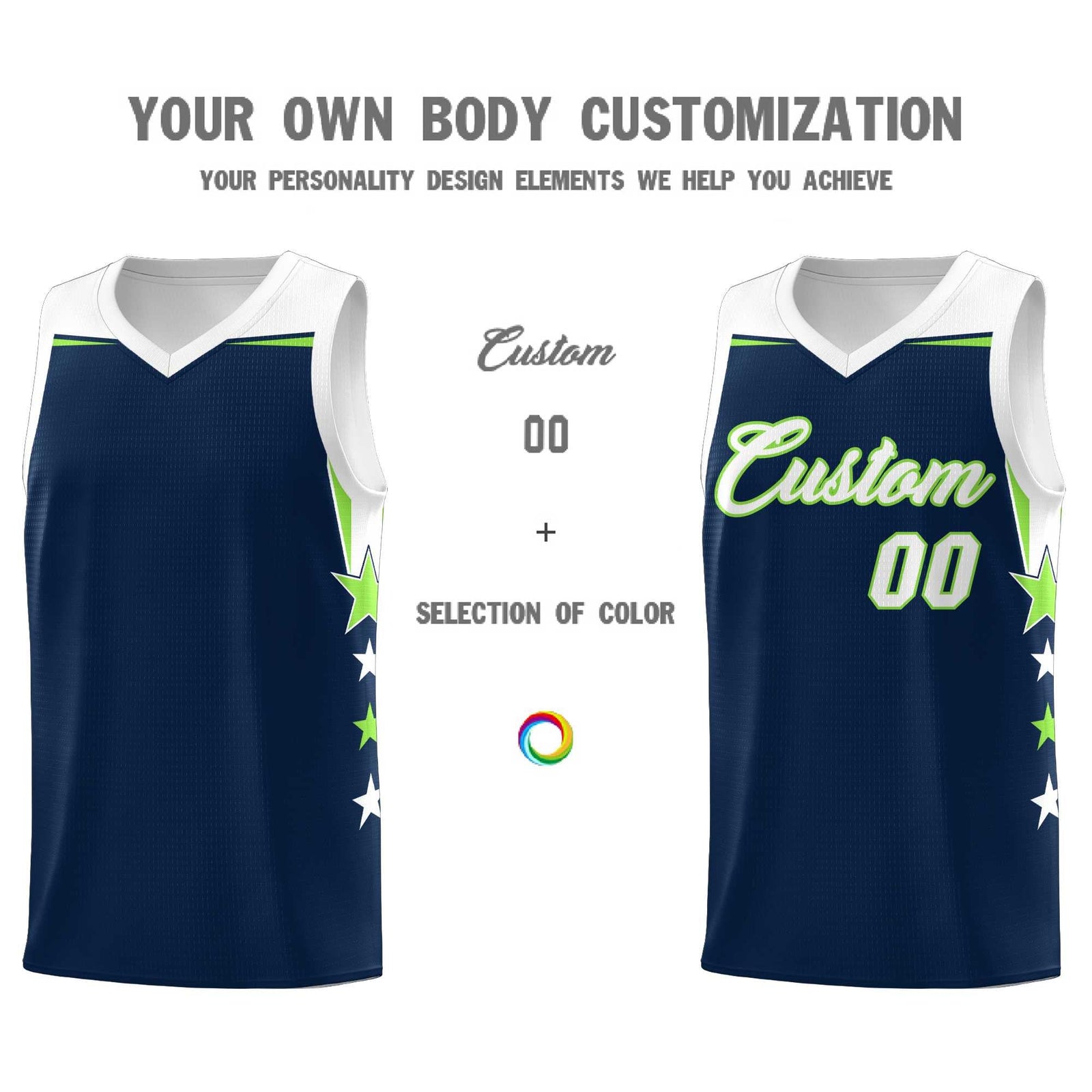 Custom Youth Basketball Uniform Navy White Two Tone Side Star Add Name Number & Logo